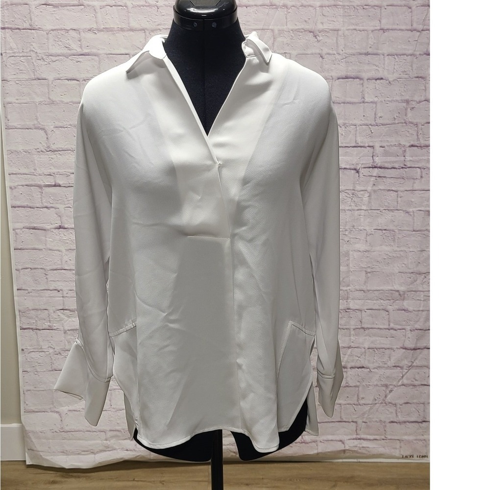 NIC+ZOE Womens White V-Neck Relaxed Tunic Blouse Long Sleeve Pockets XS NEW